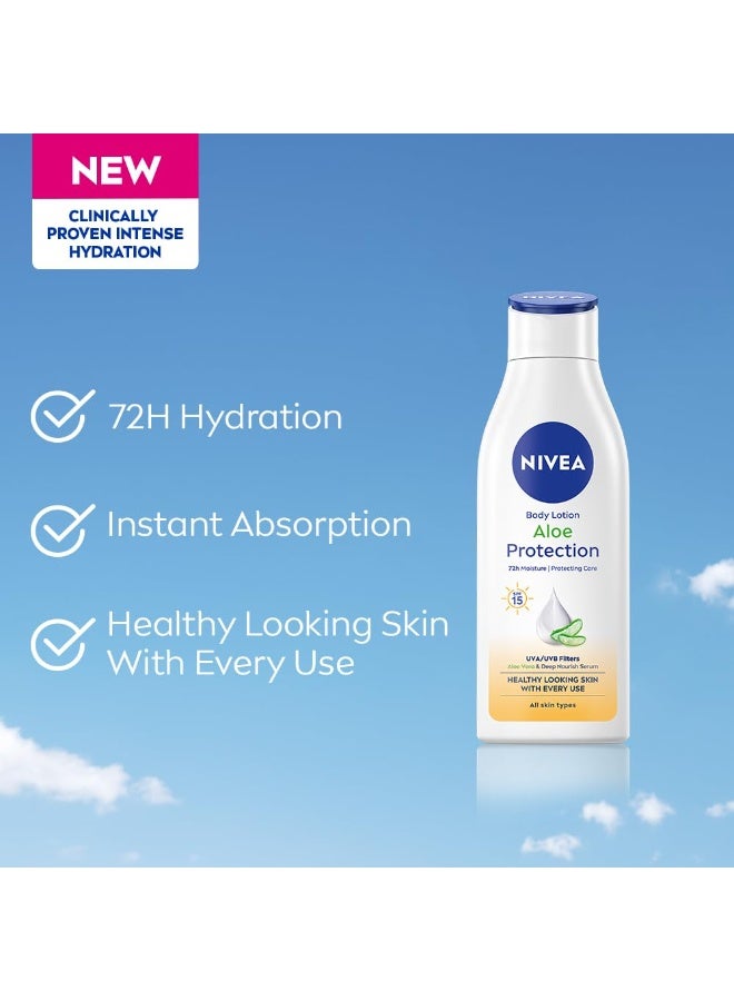 نيفيا لوشن الجسم نيفيا ألو بروتكشن 200 مل | مع حمض الهيالورونيك وترطيب يدوم 72 ساعة | عامل حماية من الشمس 15 | مستخلصات الصبار | سيروم ترطيب عميق | للرجال والنساء | لجميع أنواع البشرة - Image 3